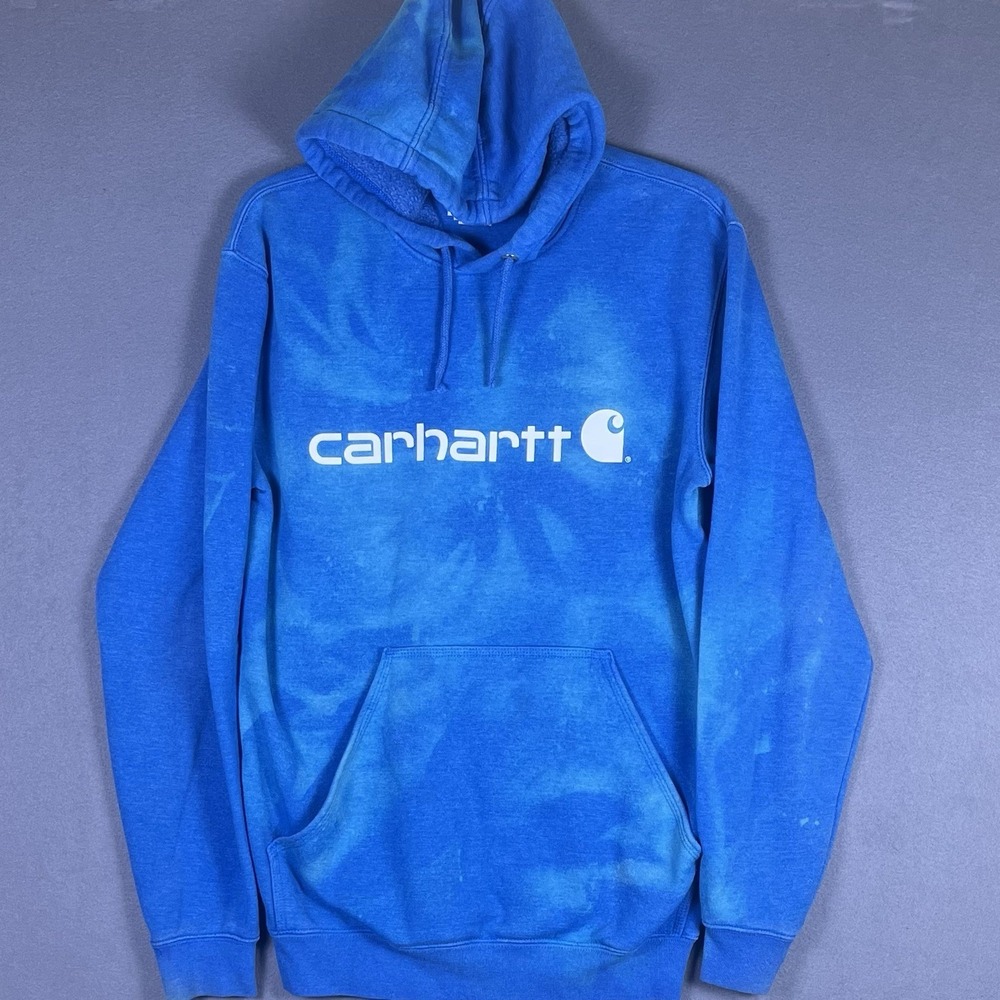 Carhartt Hoodie Womens Small Blue Bleach‎ Tie Dye Sweatshirt Logo Workwear